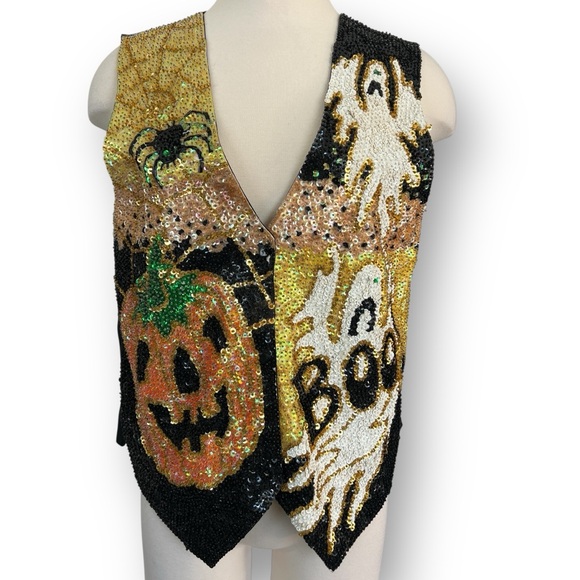 Jackets & Blazers - Halloween Black, Orange and White Boo Ghost, Pumpkin and Spider Sequin Vest